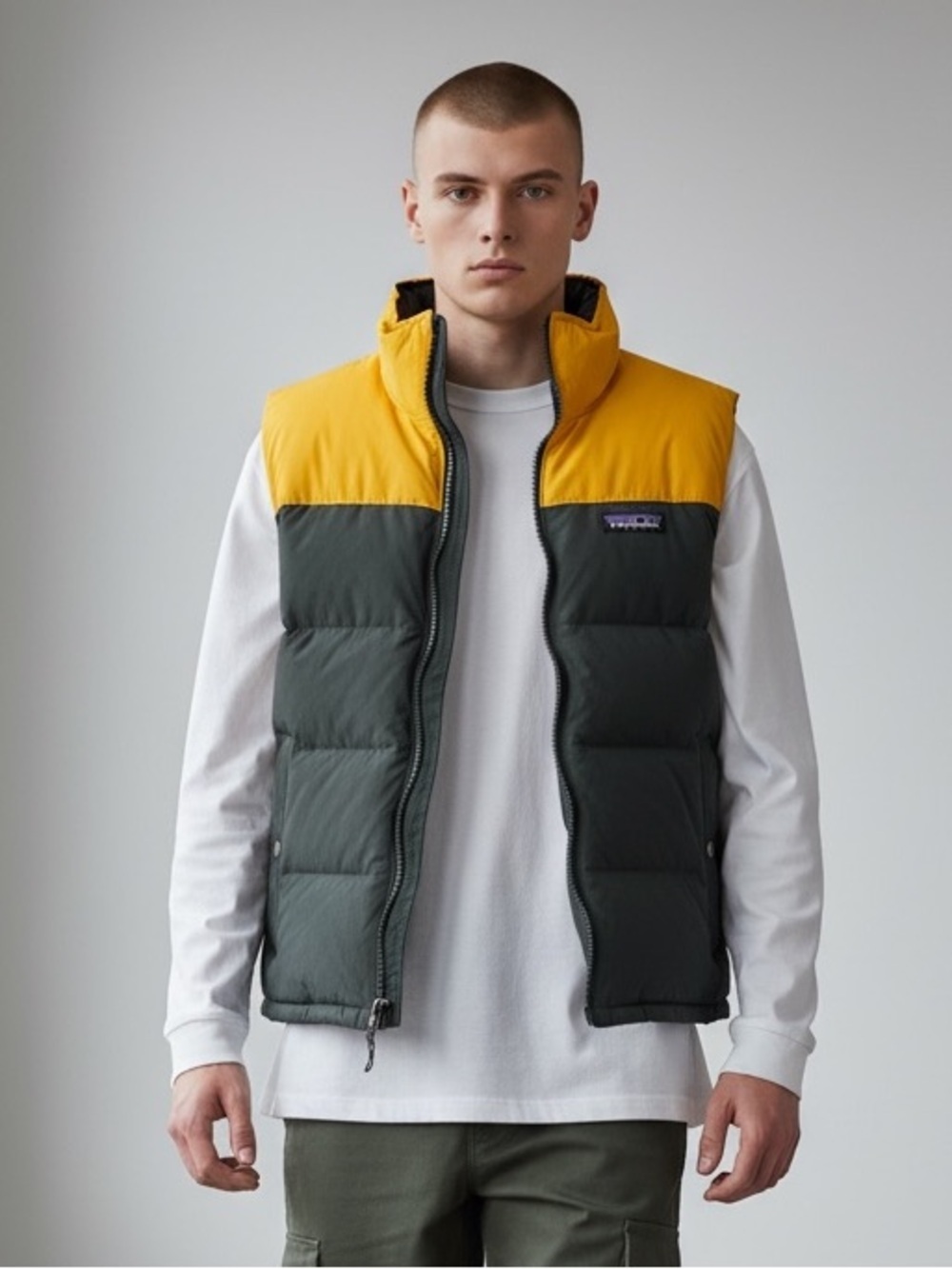PATAGONIA Men's REVERSIBLE body Yellow & dark green Puffer Vest - XXS, womens xs